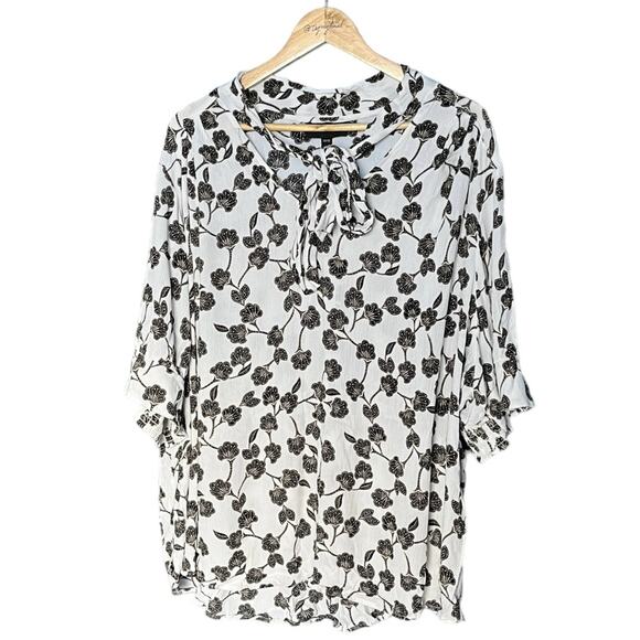 Lane Bryant white black floral blouse neck tie size 30 32 - Picture 1 of 8
